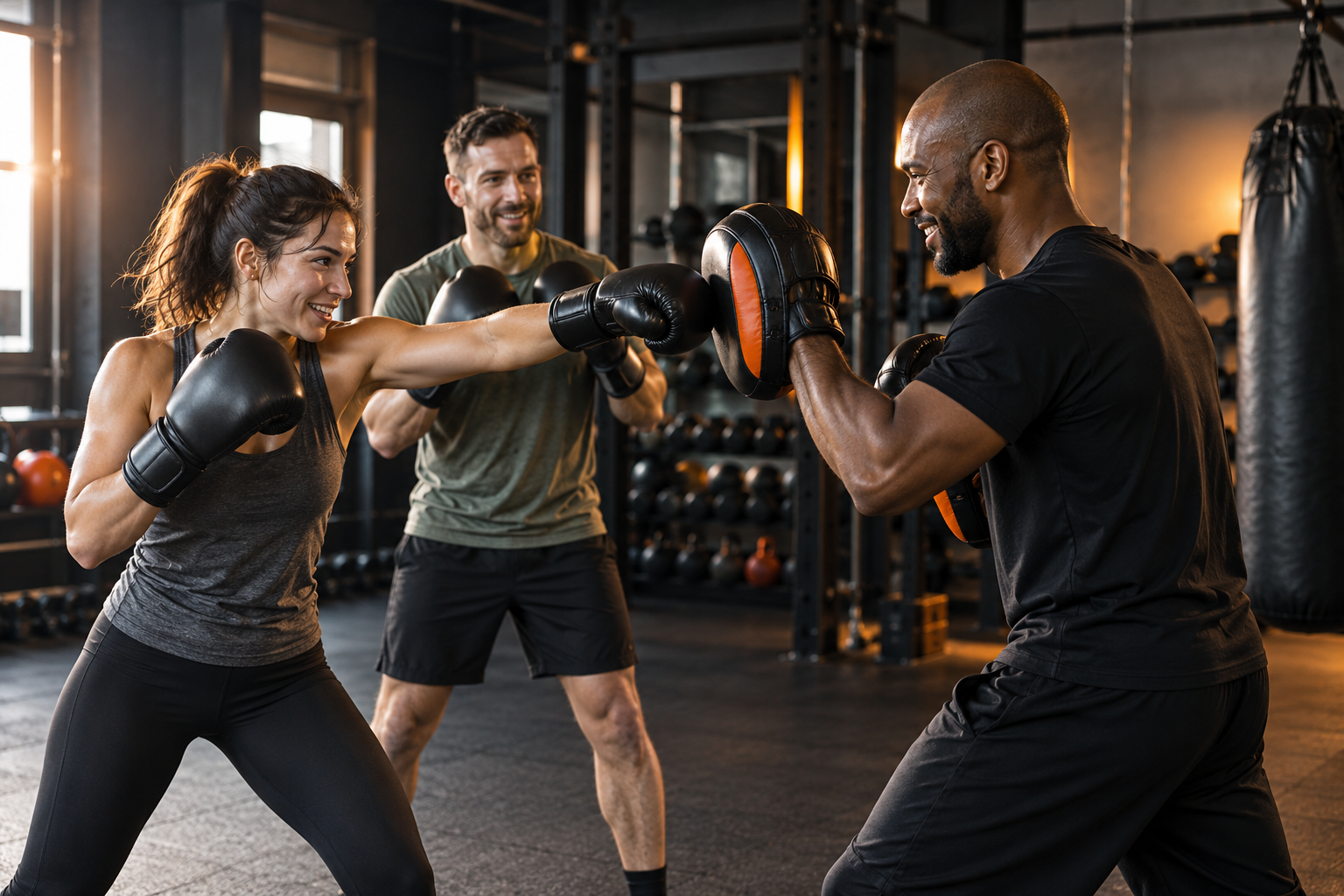 A coach guiding adults through Boxing pad work